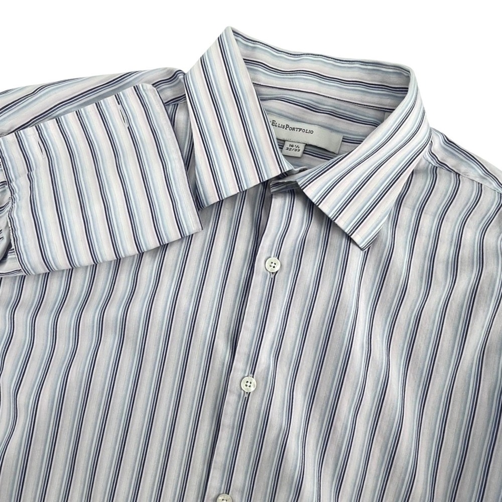 Perry Ellis Portfolio Dress Shirt Men 16.5 32/33 Blue White Striped French Cuffs